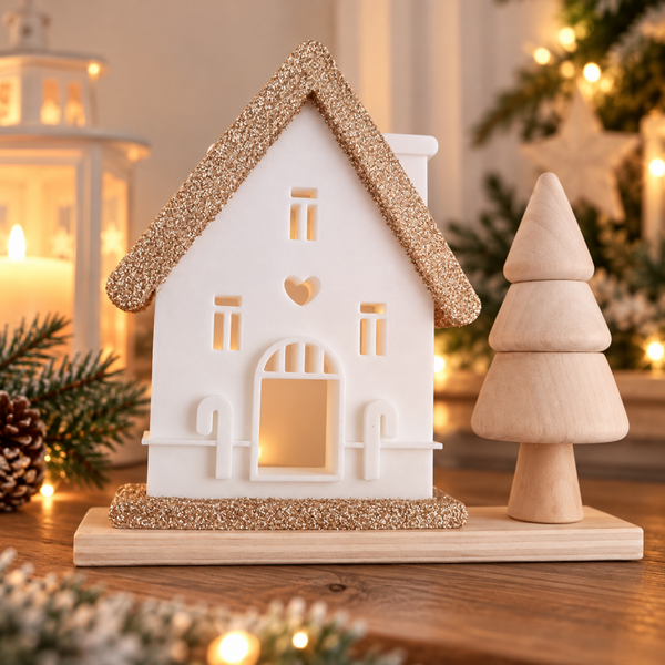 Weihnachtshäuschen mit Baum – Winterdeko & Lichthaus | 3D-Druck
