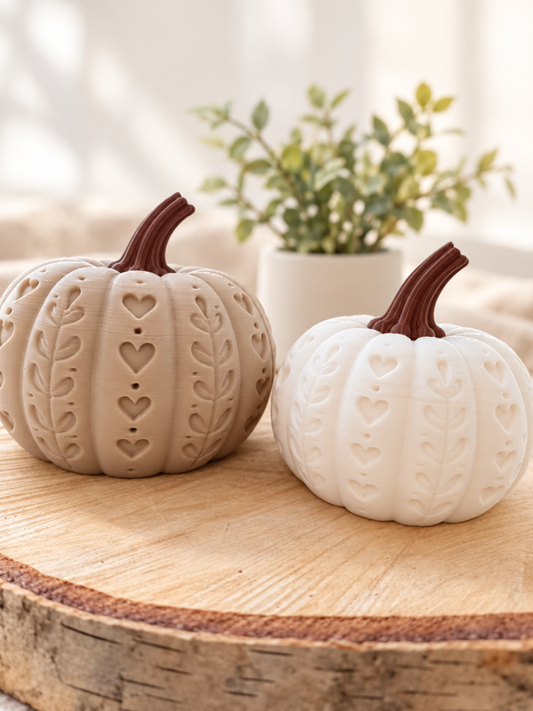 Deko-Kürbis mit Herz- und Blättermuster – 3D-gedruckte Herbstdeko