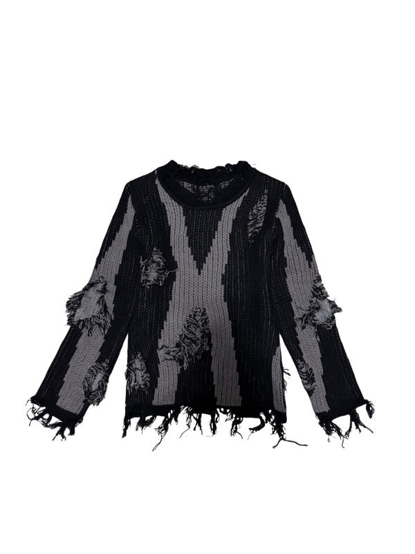 Crewneck Jacquard Sweater with Distressed Details