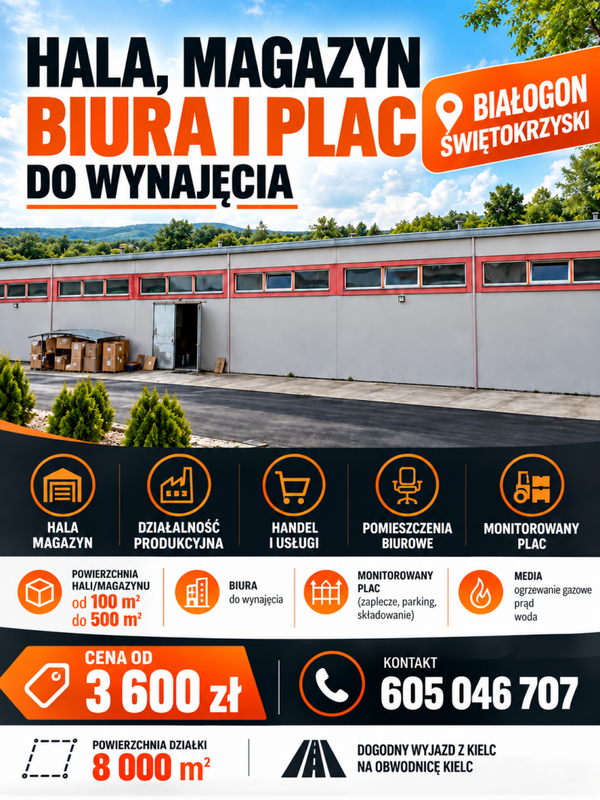 Hala, magazyn, biura i plac do wynajęcia – Białogon, woj. świętokrzyskie