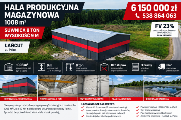 Hala produkcyjna - magazynowa 1008 m2 SUWNICA 9 m FV23%