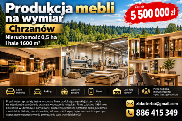 Produkcja mebli na wymiar, Chrzanów - nieruchomość 0,5 ha i hale 1600 m²