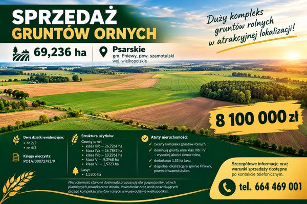 Sprzedaż gruntów ornych – 69,236 ha – Psarskie, gm. Pniewy, pow. szamotulski