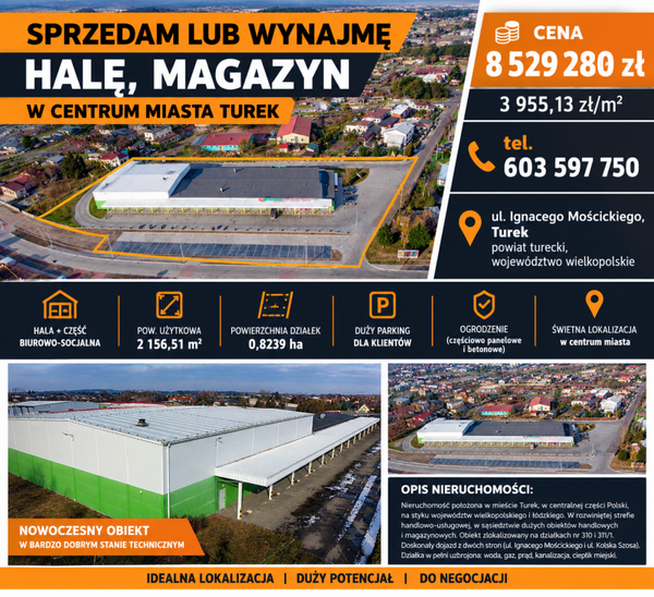 Sprzedam lub wynajmę halę, magazyn w centrum miasta Turek