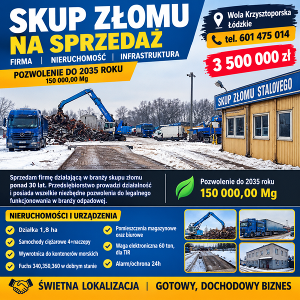 Skup złomu na sprzedaż-nieruchomość, infrastruktura, pozwolenie do 2035 roku, centralna Polska