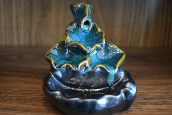 Porte-encens Backflow en céramique - Feuilles de Lotus Bleu - 10 cm