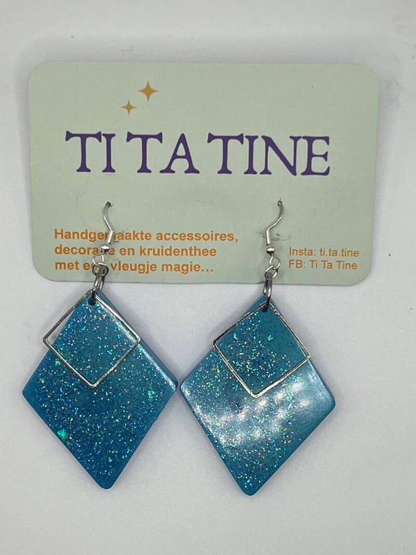 Oorbellen hangers zilver/blauw glitter