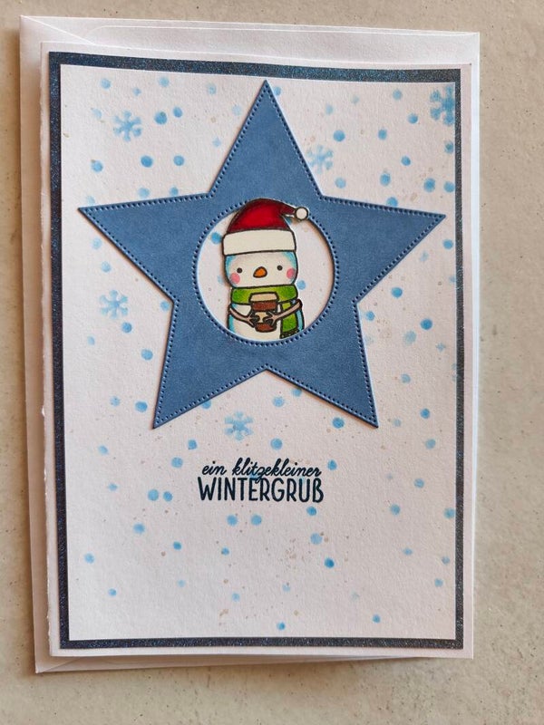 Weihnachtskarte Stern blau mit Schneemann