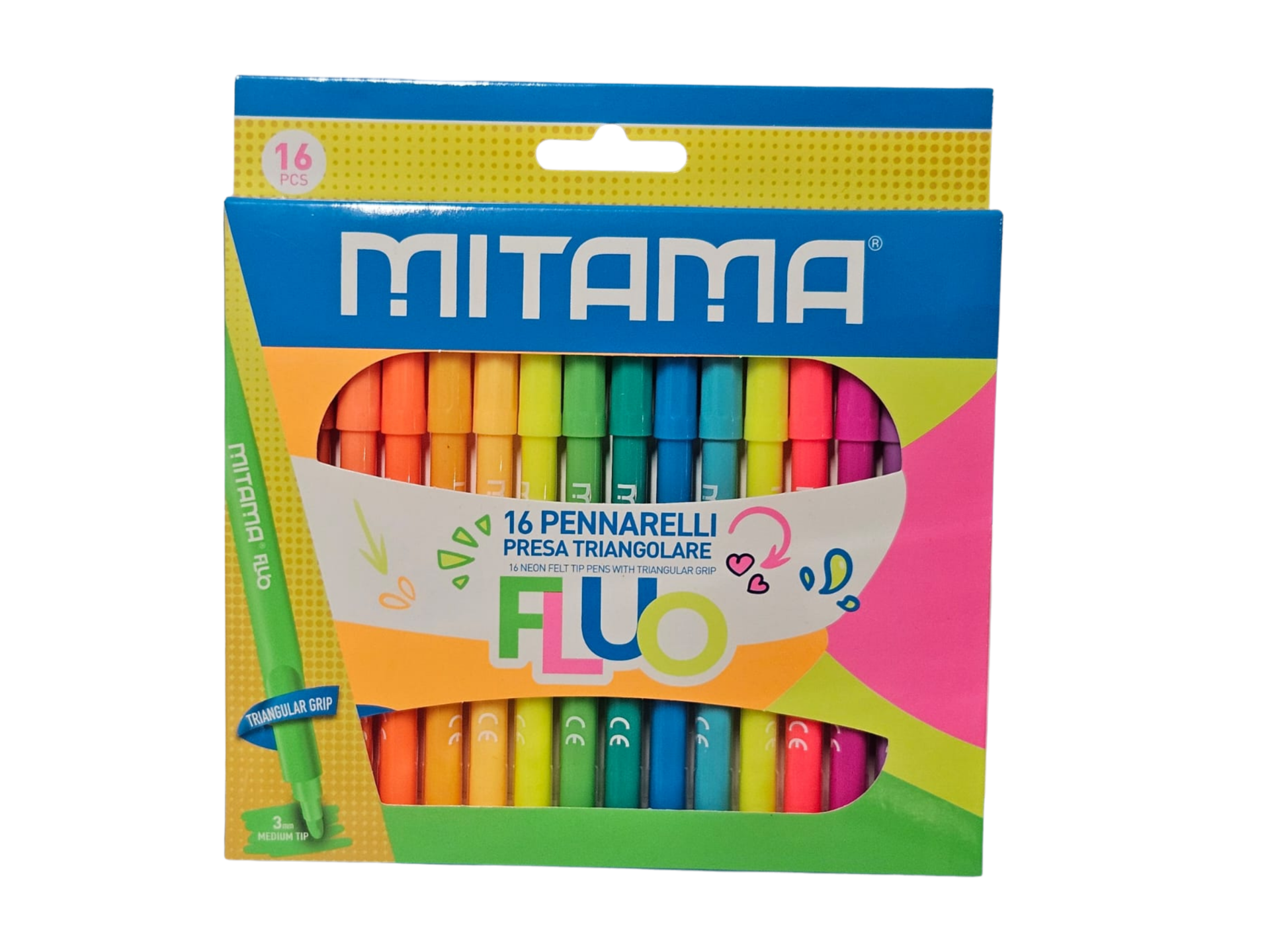 Pennarelli MITAMA Fluo – Set da 16 con Presa Triangolare