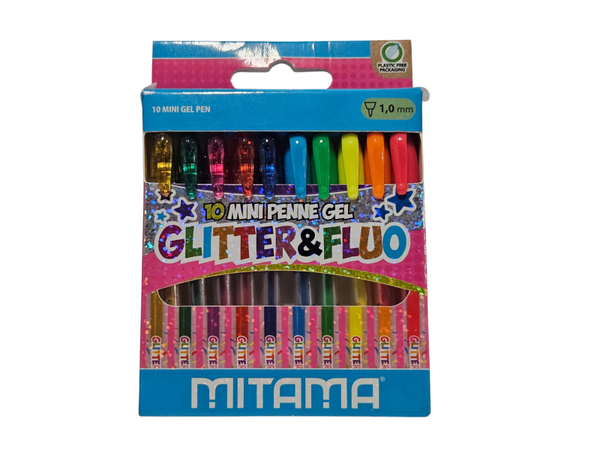 Penne Gel MITAMA Glitter & Fluo – Set da 10 Mini Penne