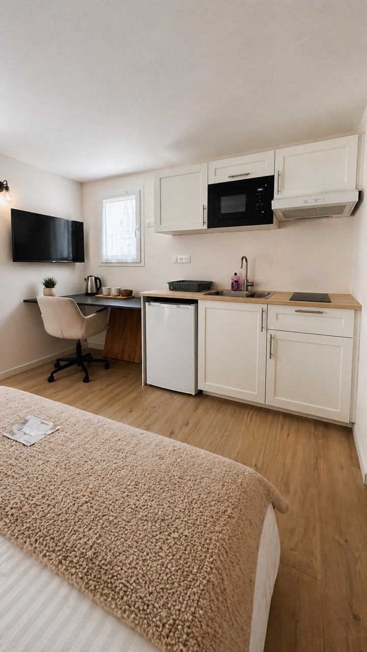 studio avec bureau salle de bain et kitchenette