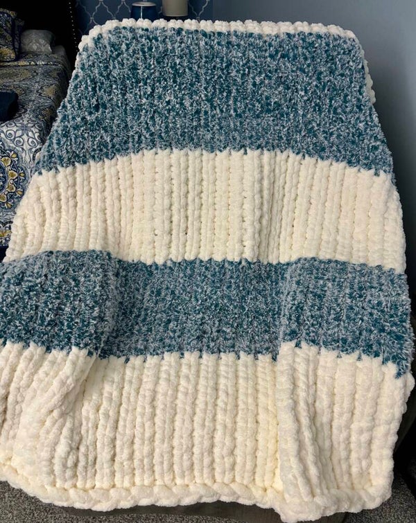 Chunky Knit Fuzzy Striped Blanket Teal Cream, homemade 46x60
