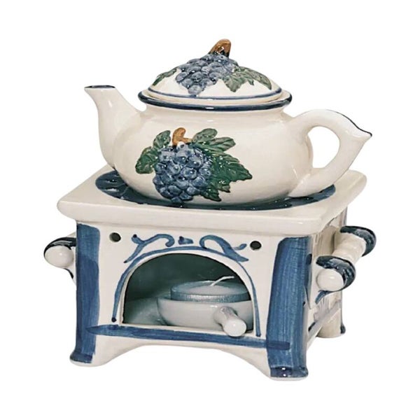 Keramische Theepot met Warmer – Blauw Witte Druiven Decoratie