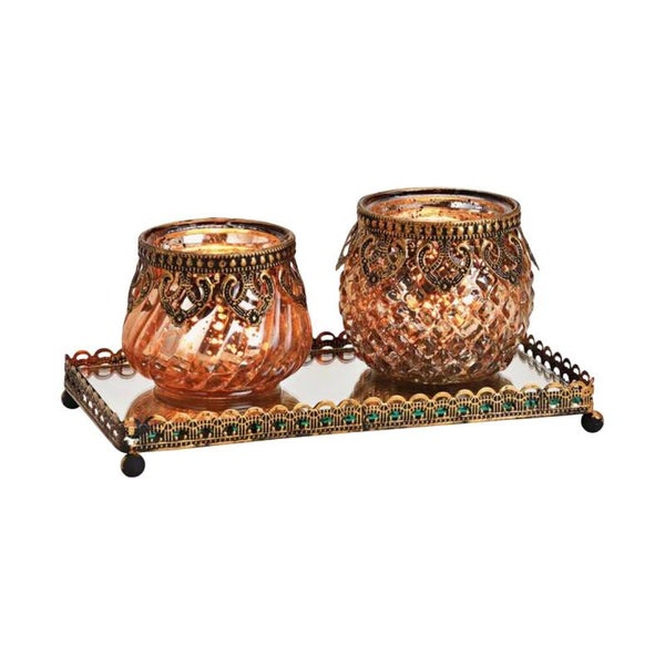 Luxe Theelichthouders op Sierlijk Plateau – Koperkleur