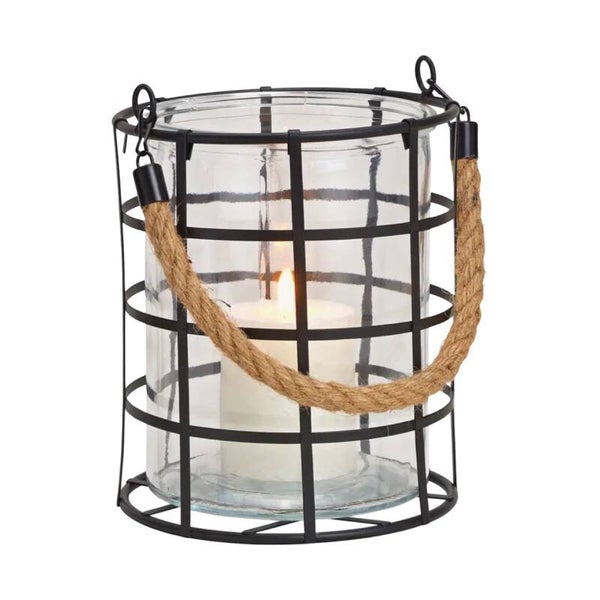 Industriële Lantaarn met Touw – Zwart Metaal & Glas