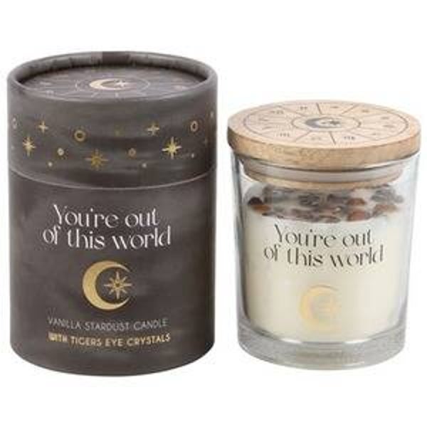 You're Out of This World – Vanilla Stardust Scented Candle with Tiger's Eye Crystals – Celestial Gift Candle