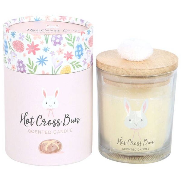 Hot Cross Bun Scented Candle – Easter Bunny Jar with Wooden Lid & Pom Pom Tail – Spiced Bakery Fragrance