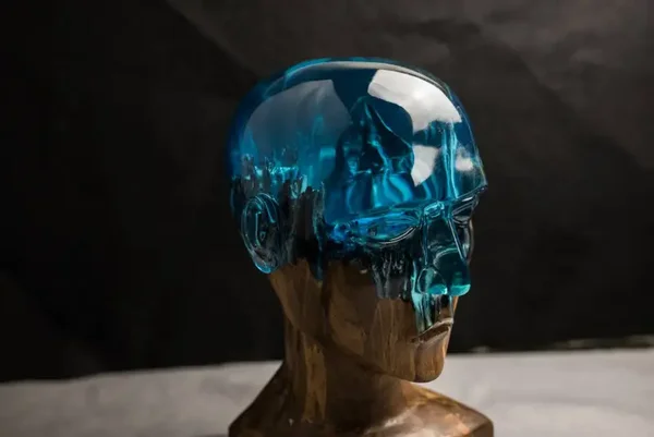 Blue Resin & Wood Human Head Sculpture