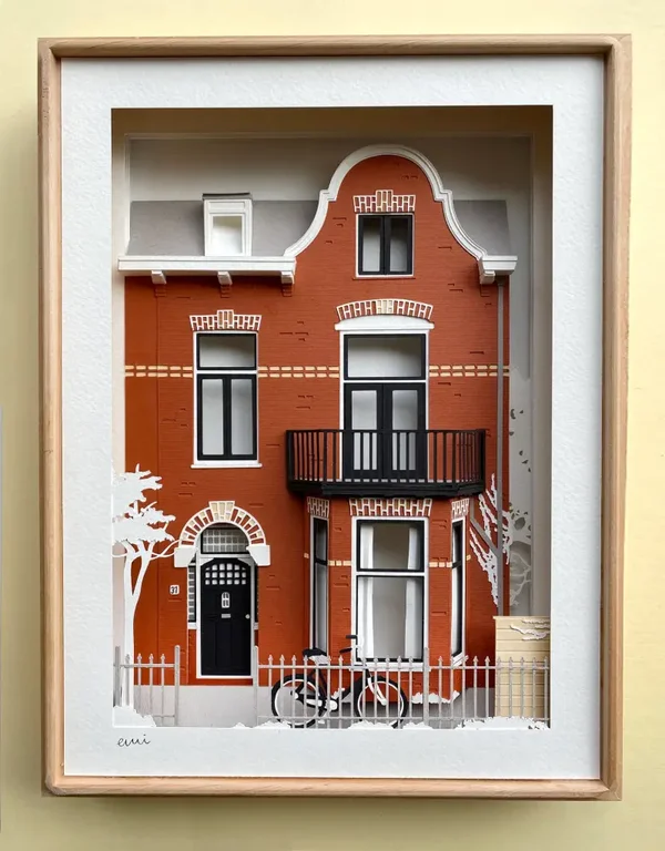 Layered paper townhouse art · Handmade architectural sculpture