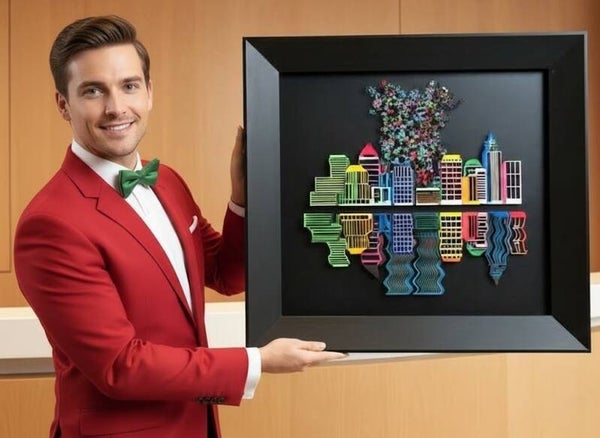 Neon skyline artwork · 3D layered city silhouette