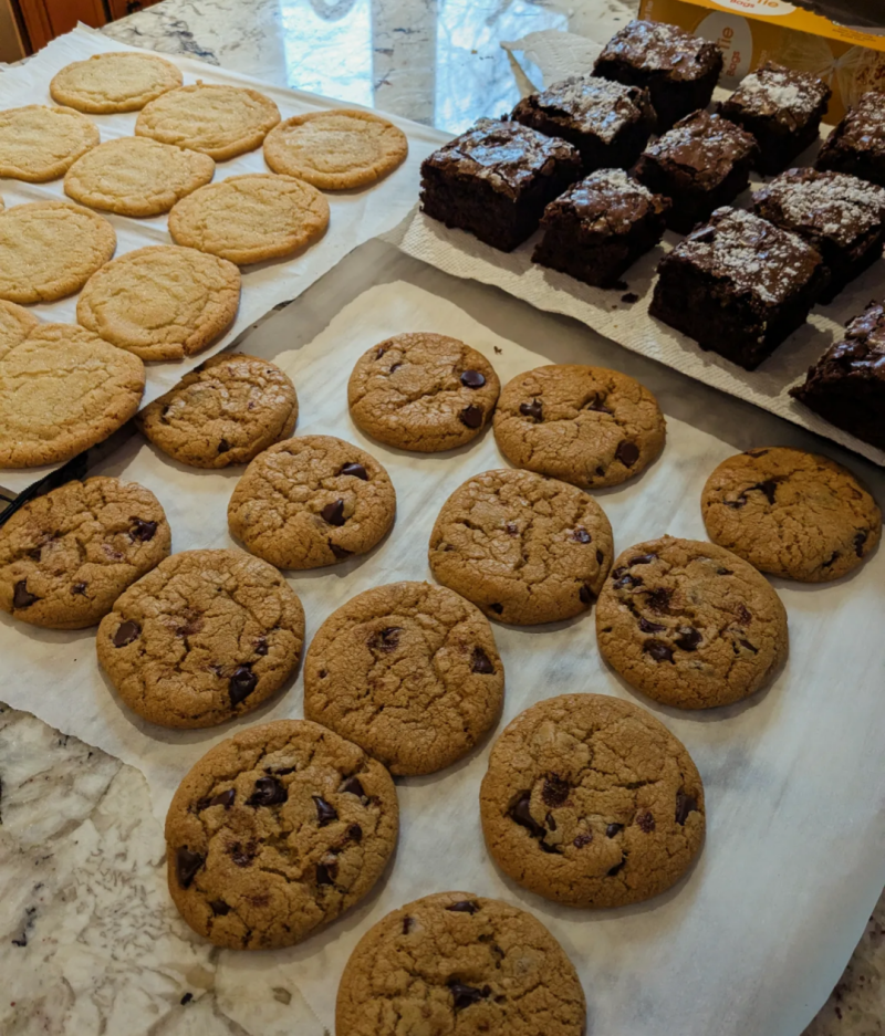 brownies, sugar cookies, chocolate chip cookies