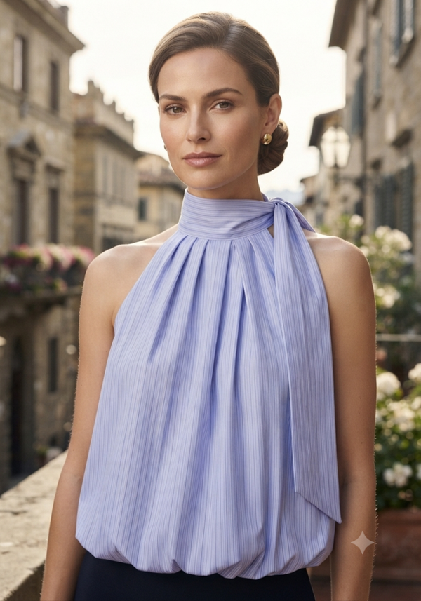 ​Blouse sans manches à col lavallière rayée