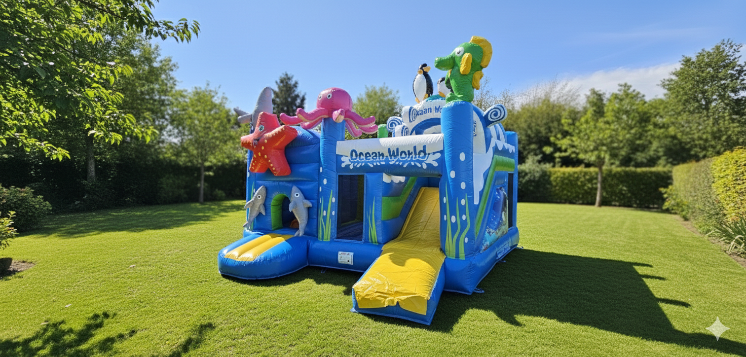 Groot Ocean World springkasteel met glijbaan en 3D zeedieren zoals octopus, zeester en zeepaardje huren in Genk en Limburg - Cosmo's Verhuur