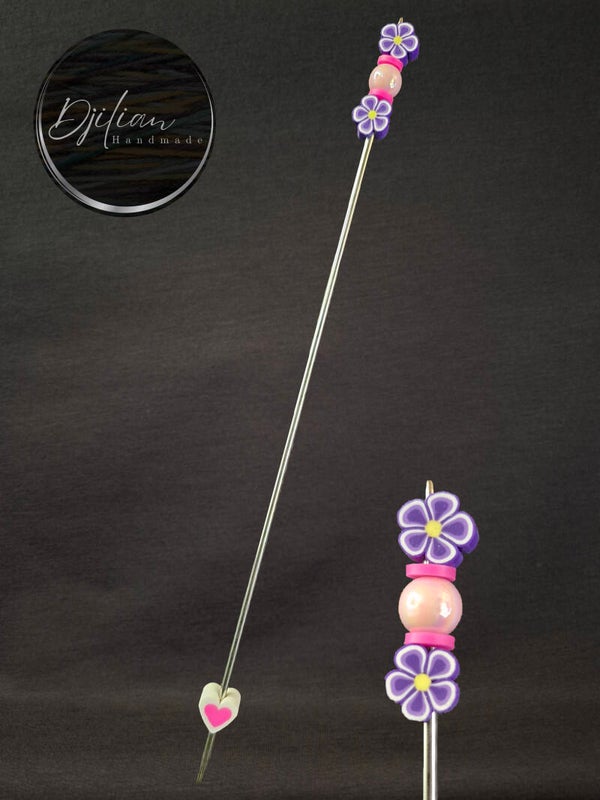 1 dunne ami-stick - paars bloemetje + hartje