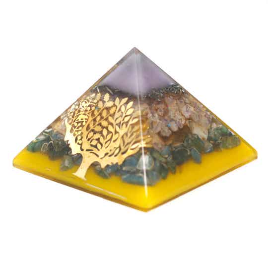 Lrg Orgonite Pyramid 70mm - Tree  (gold base)