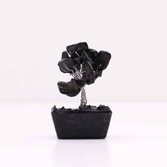 Mini Gemstone Tree On Orgonite Base and Wood Base - Black Agate (15 stones)