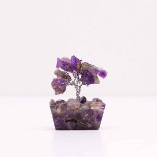 Mini Gemstone Tree On Orgonite Base and Wood Base - Amethyst (15 stones)
