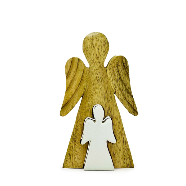 Mango Wood Angel in Angel - White Enamel
