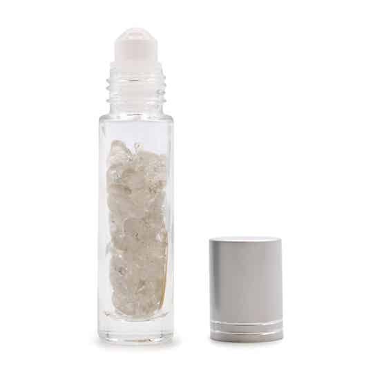 Gemstone Essential Oil Roller Bottle - Rock Quartz - Silver Cap & Wooden cap