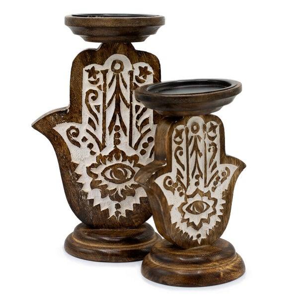 Mango Wood Candle Stand - Hamsa (Two Sizes)
