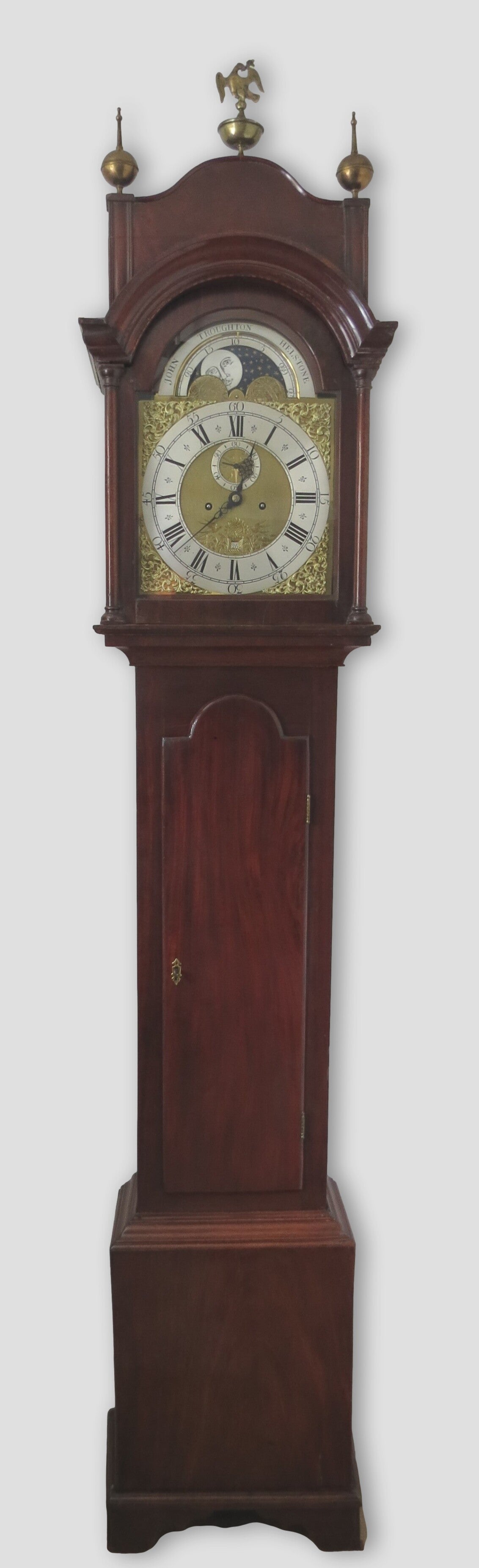 John Troughton, Helstone. Circa 1740. A particularly elegant Cornish moon-phase, mahogany longcase clock.