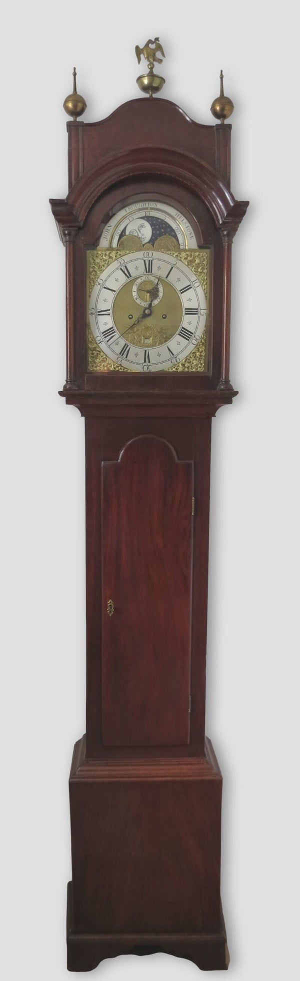 John Troughton, Helstone. Circa 1740. A particularly elegant Cornish moon-phase, mahogany longcase clock.
