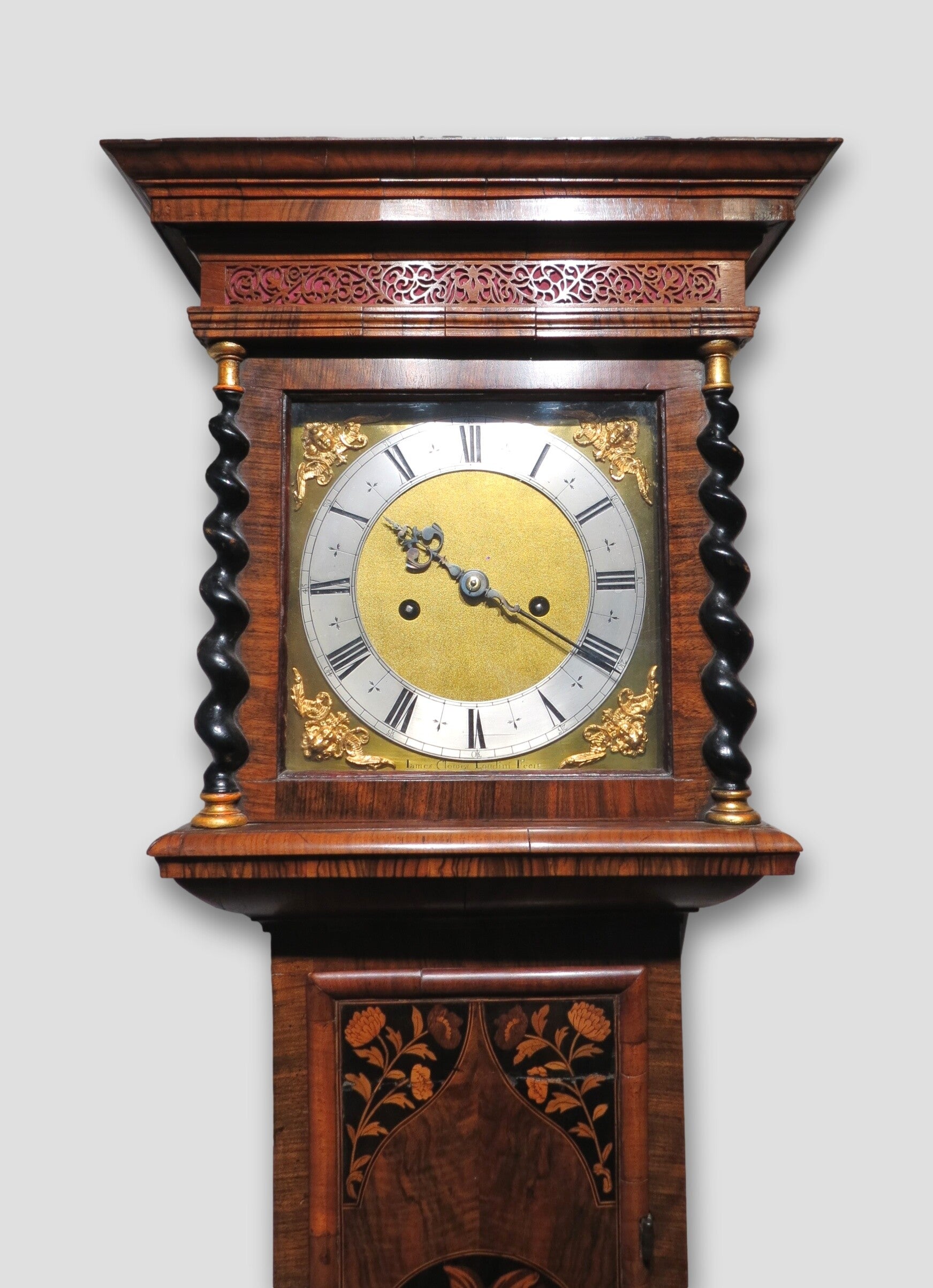 James Clowes Londini Fecit. Circa 1680. Early 10 inch dial, 8-day marquetry longcase clock.