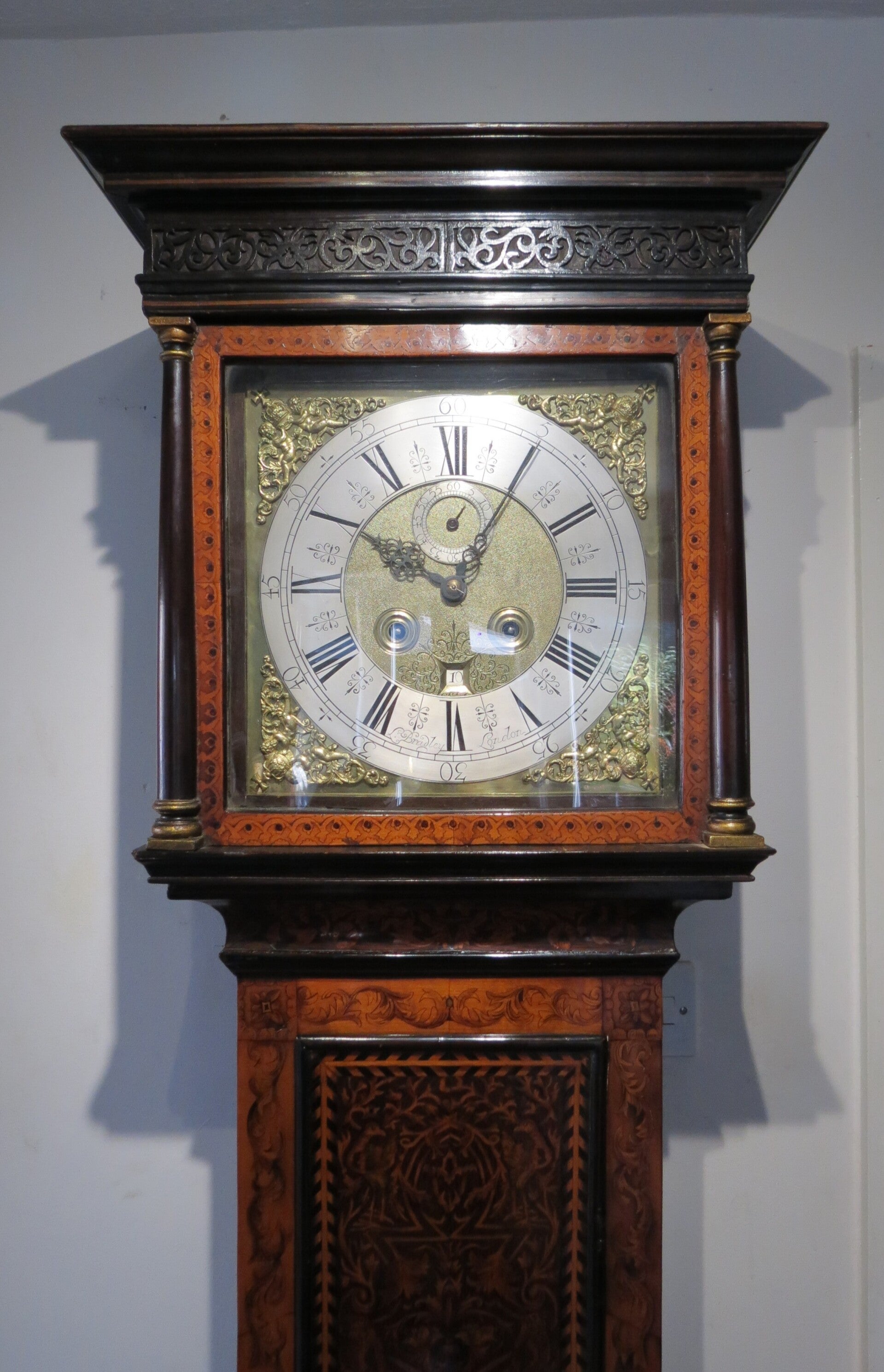 Langley Bradley London. Circa 1705. A fine and rare marquetry month going longcase clock.