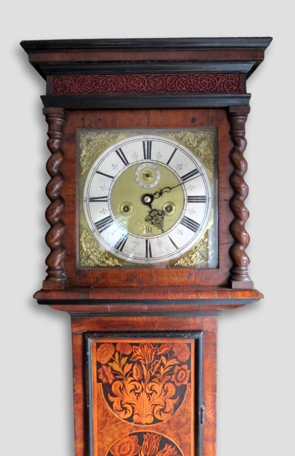John Barrow Londini Fecit. Circa 1695. A good walnut and floral marquetry 8-day longcase clock, 11 inch dial.
