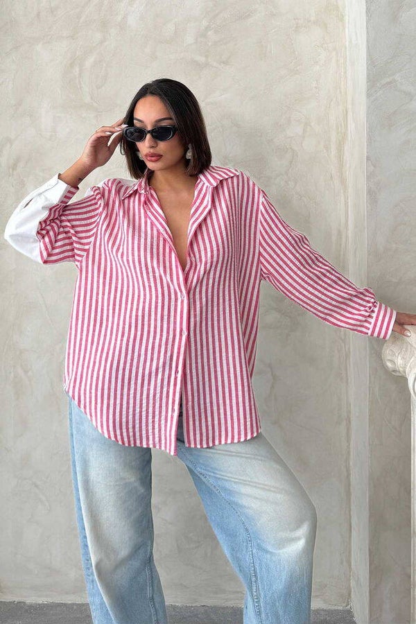 Gestreept fuchsia roze blouse