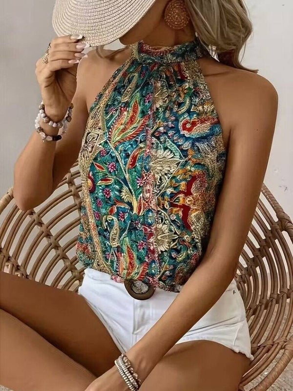 Boho style sleeveless floral blousetop, nek strikceintuur