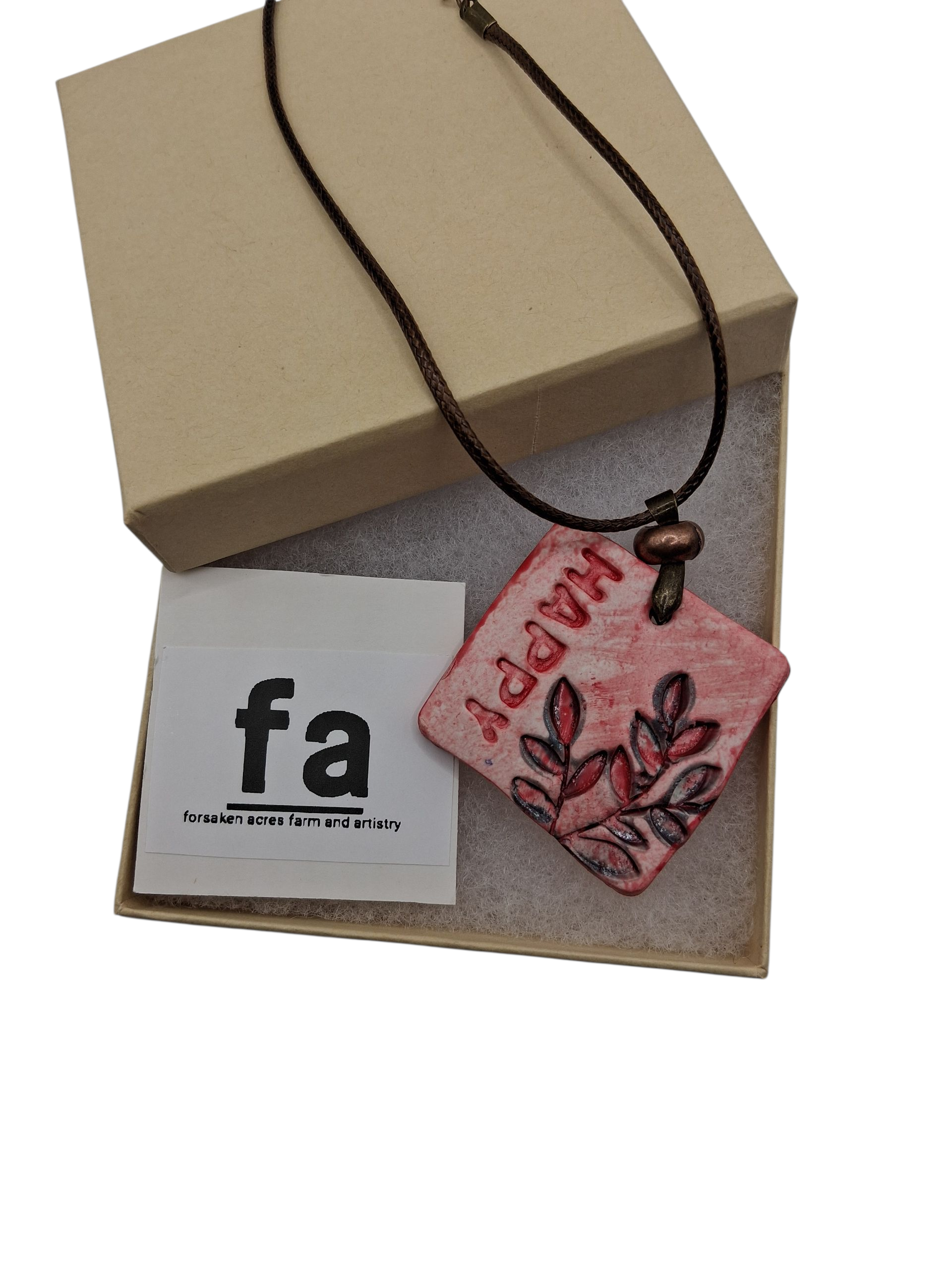 Handmade Square Boho Clay Pendant Necklace- HAPPY