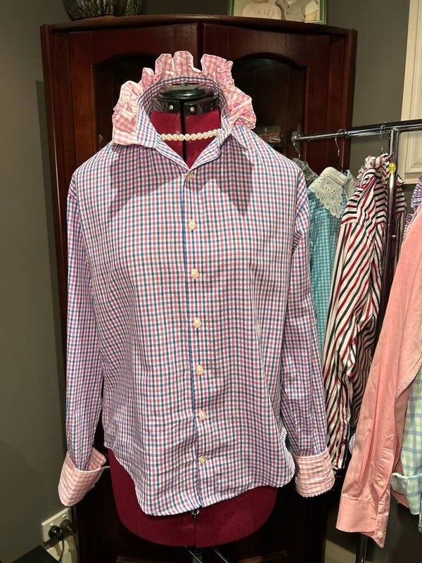 Preloved and Re- purposed 💕 Mens shirt converted into a fun frilled collar ladies shirt.