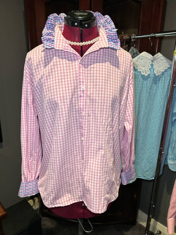 Preloved and Re- purposed 💕 Mens shirt converted into a fun frilled collar ladies shirt.