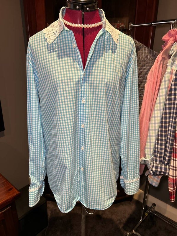 Preloved and Re- purposed 💕 Mens shirt converted into a fun frilled collar ladies shirt.
