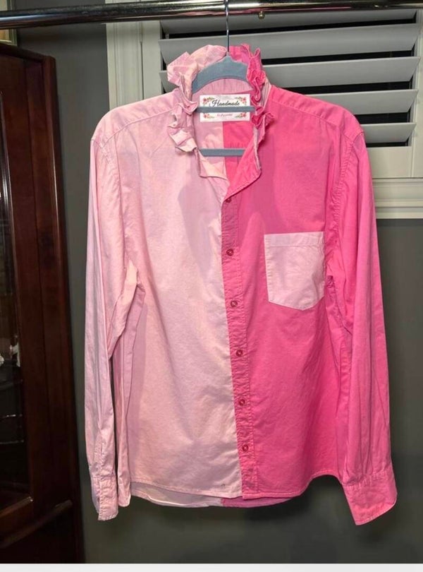 Two tone pink cotton button-up shirt with ruffles