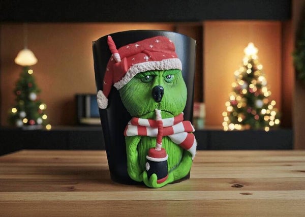 Mug artisanal décoré en Fimo – Le Grinch en Père Noël