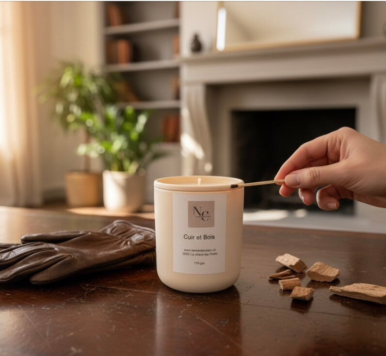 Bougie Parfum Cuir & Bois – Contenant rose pâle