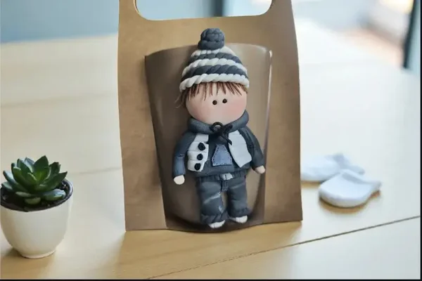 Mug artisanal décoré en Fimo – Petit bonhomme gris avec bonnet