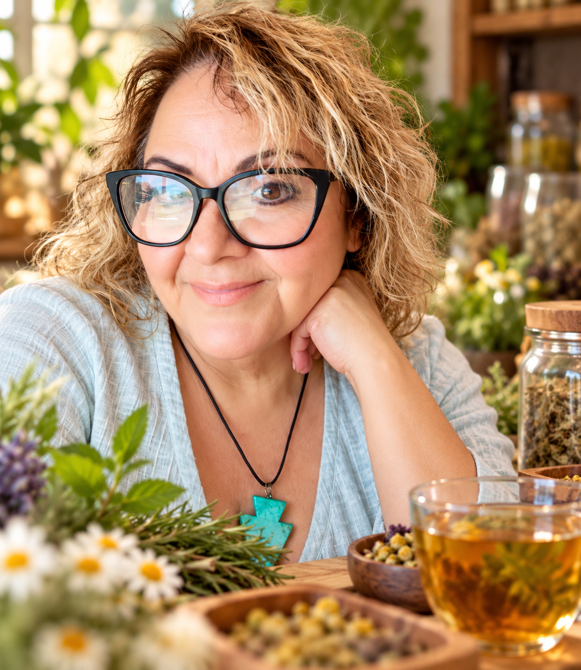 Belinda seated with tea and botanicals